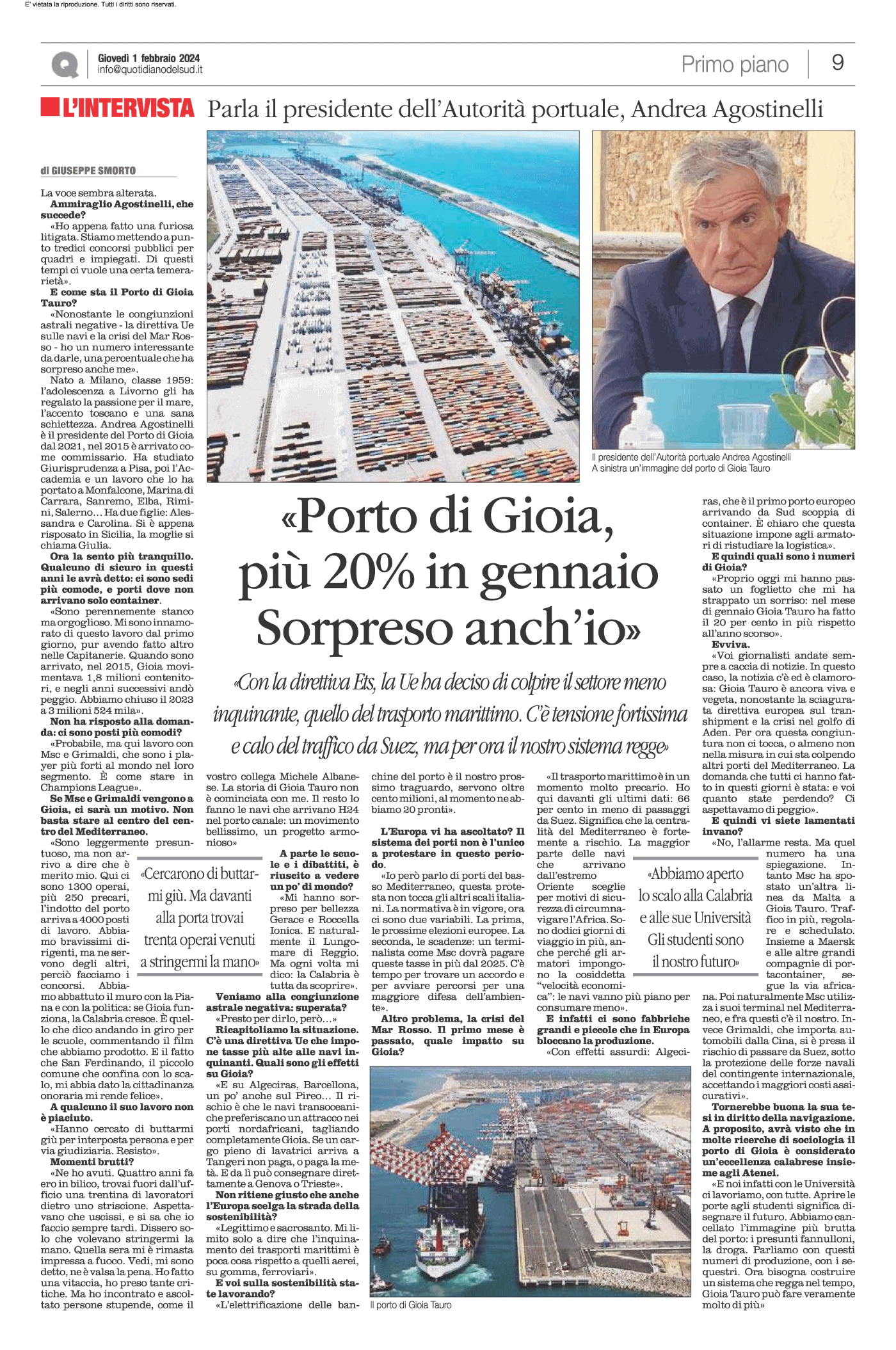Intervista al presidente Dell'Autorità portuale, Andrea Agostinelli (Quotidiano del Sud)